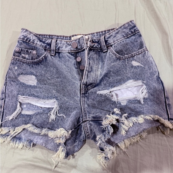Blue Distressed Jean Shorts with Frayed Hem - Picture 1 of 3